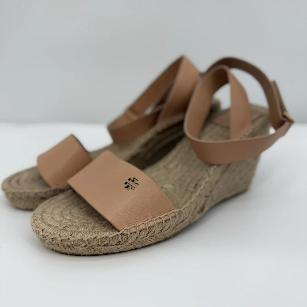 Tory Burch Nude Leather Espadrille Wedge Sandals with Ankle Strap